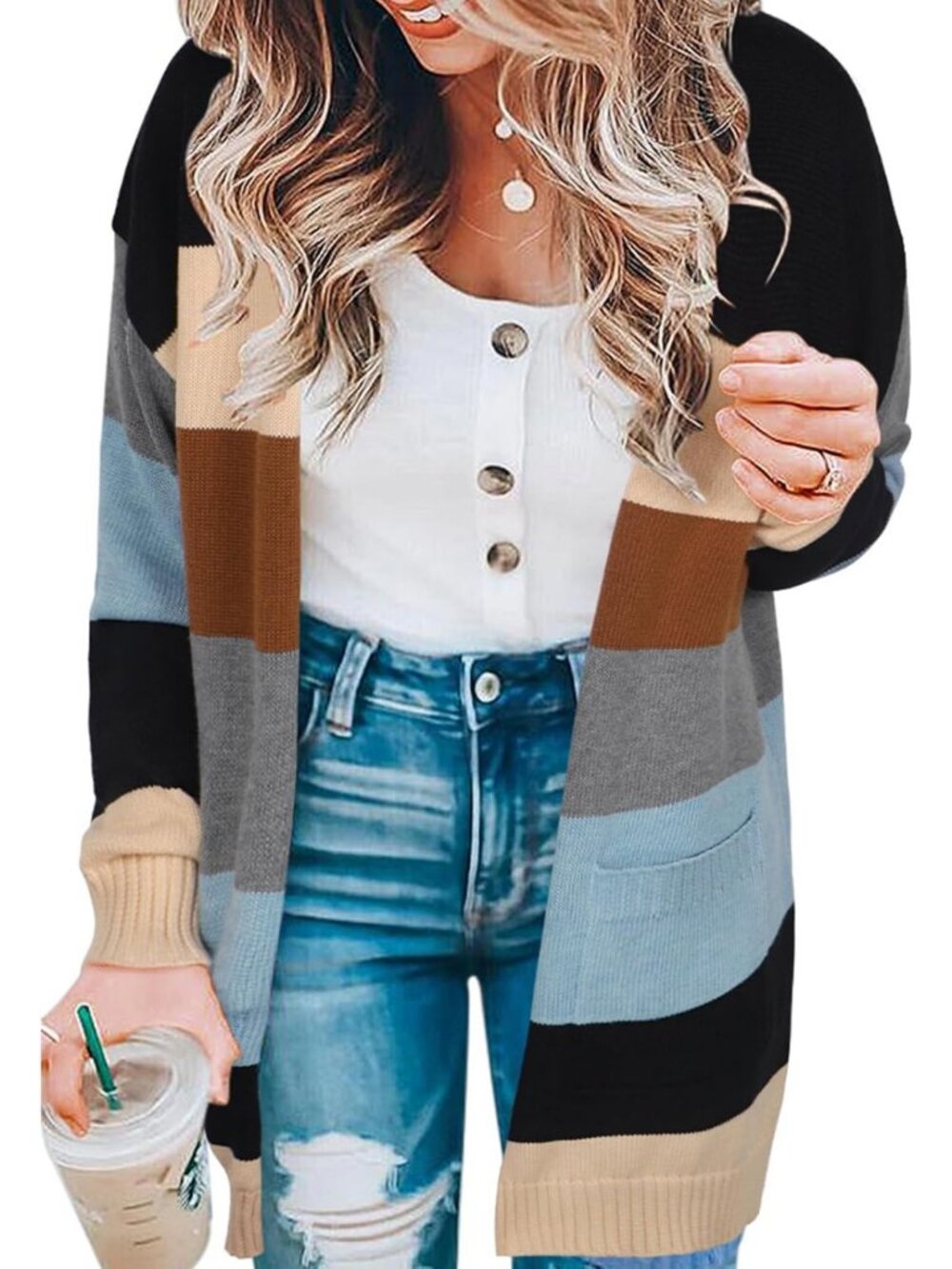 Cozy Striped Long Sleeve Open Front Cardigan - Women's Knitted Sweater Layering